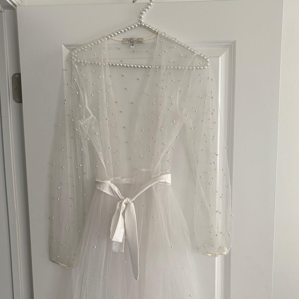 Elegant White Sheer Robe with Pearl Accents